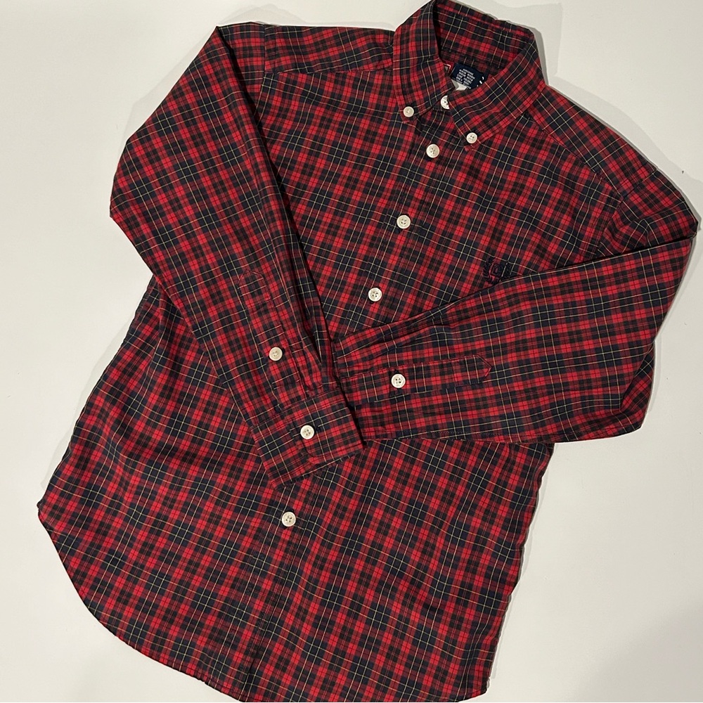 Chaps Red/Navy Blue/Black Plaid Dress Shirt